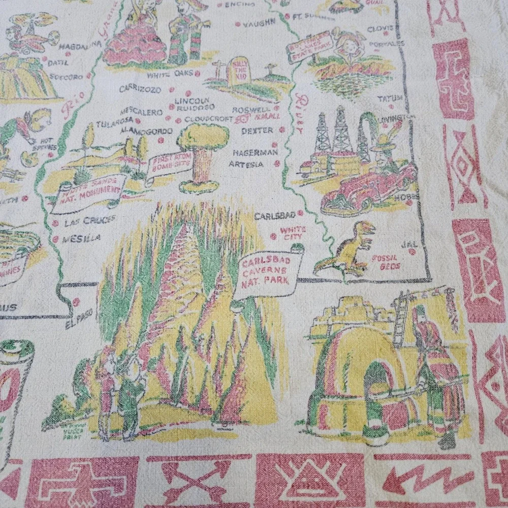 Vintage 40s Large Linen Kitchen Tea Towel New Mexico Souvenir Tourist Map 37x30